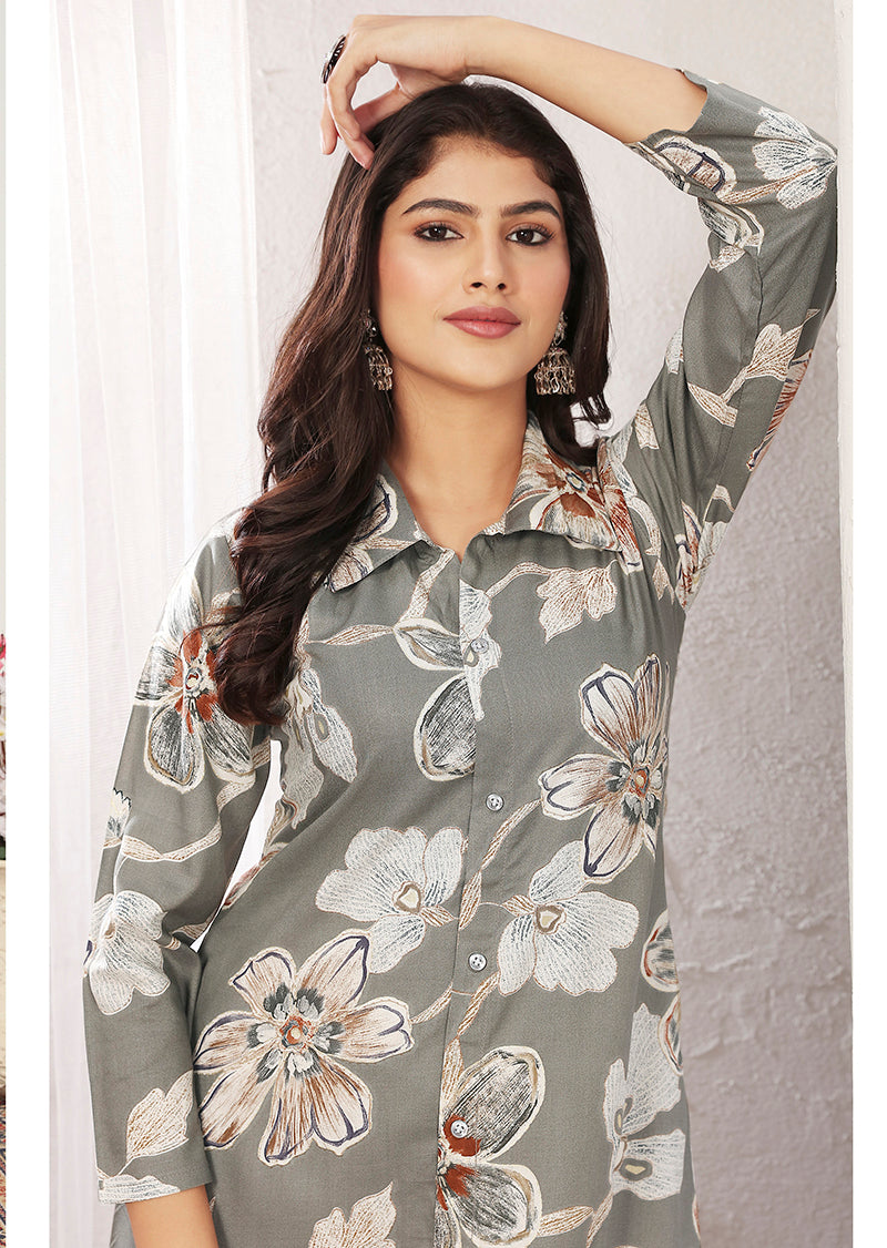 Grey Rayon Floral Print Casual Kurti with Embroidery