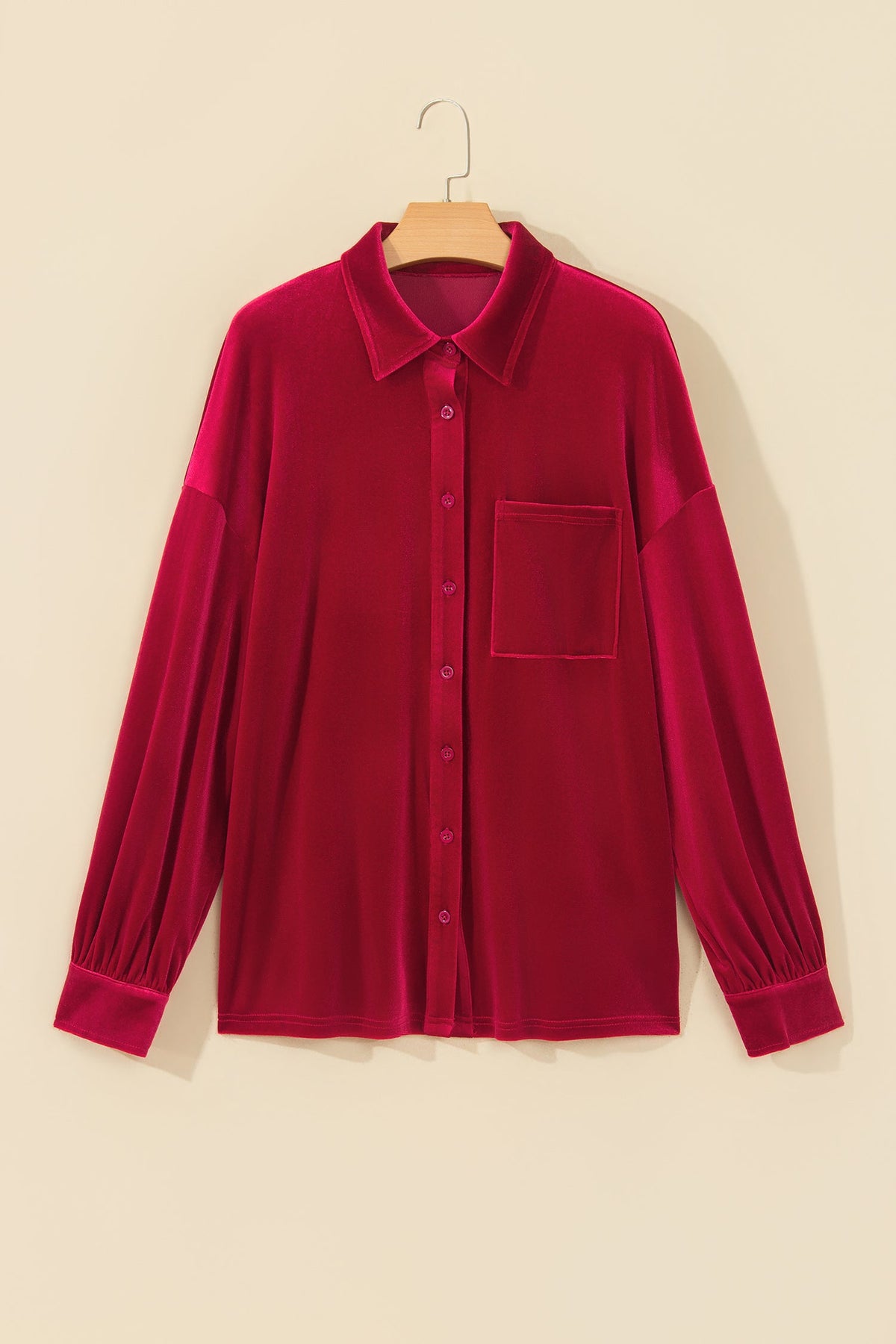 Solid Velvet Pocketed Long Sleeve Buttoned Shirt