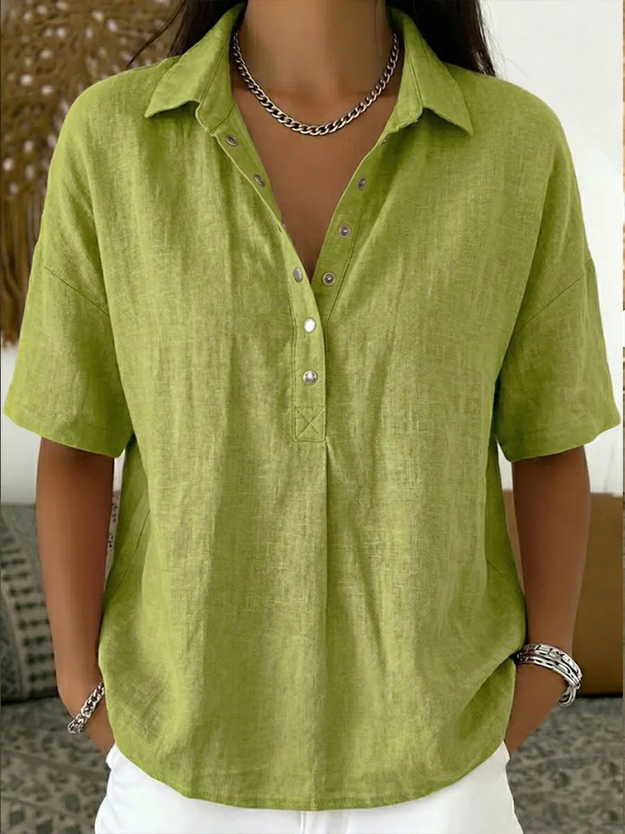 Women's Linen Short Sleeve Button Pullover Shirt