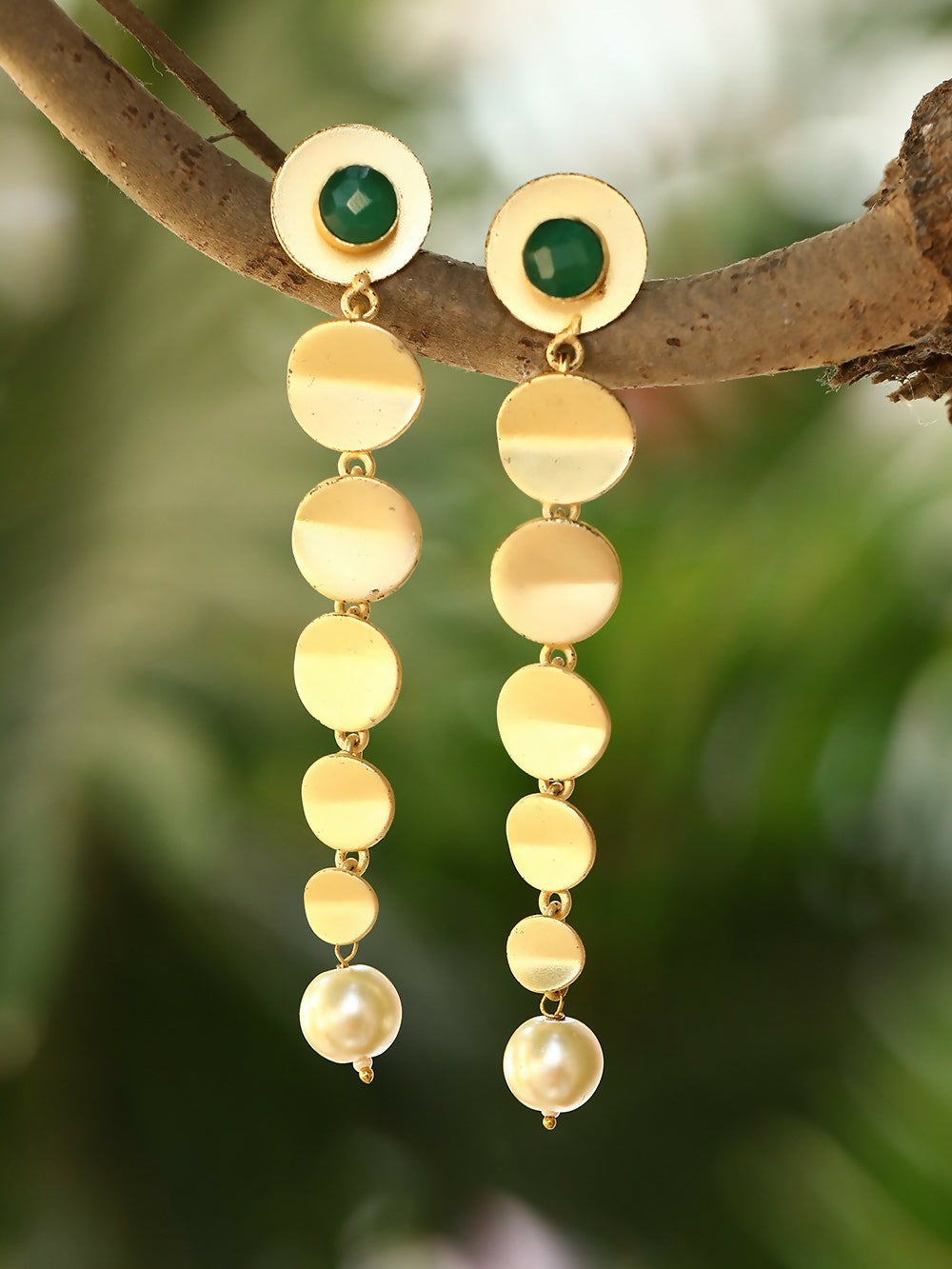 Long Pattern Matte Gold Earrings with Green Stone Accents