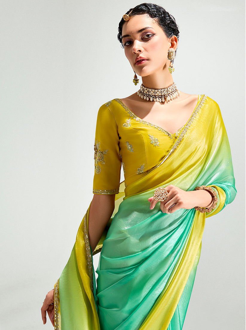 Yellow and Sea Green Organza Tissue Saree with Sequins Embroidery