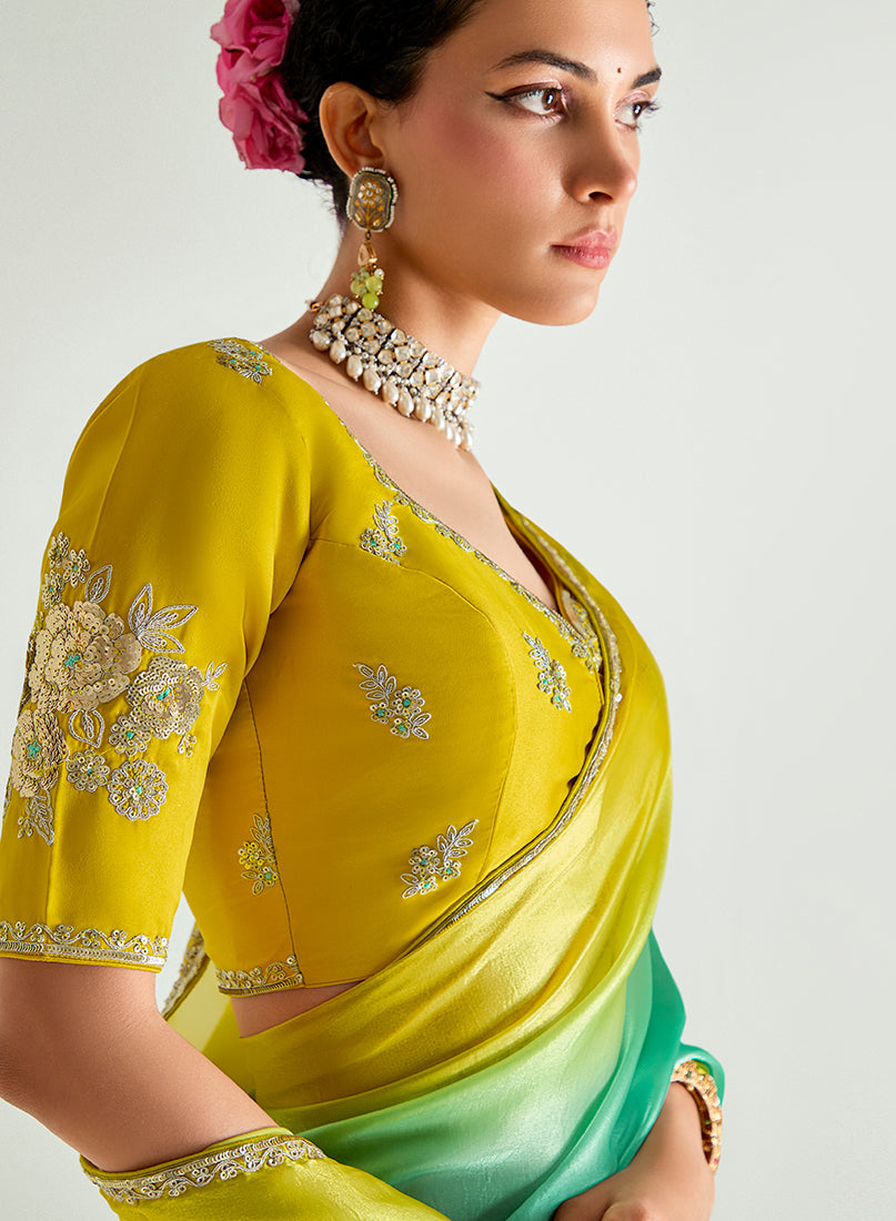 Yellow and Sea Green Organza Tissue Saree with Sequins Embroidery