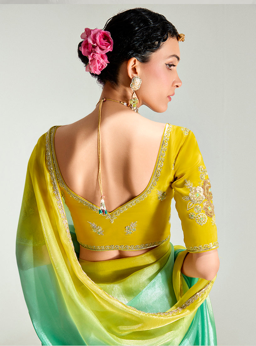 Yellow and Sea Green Organza Tissue Saree with Sequins Embroidery
