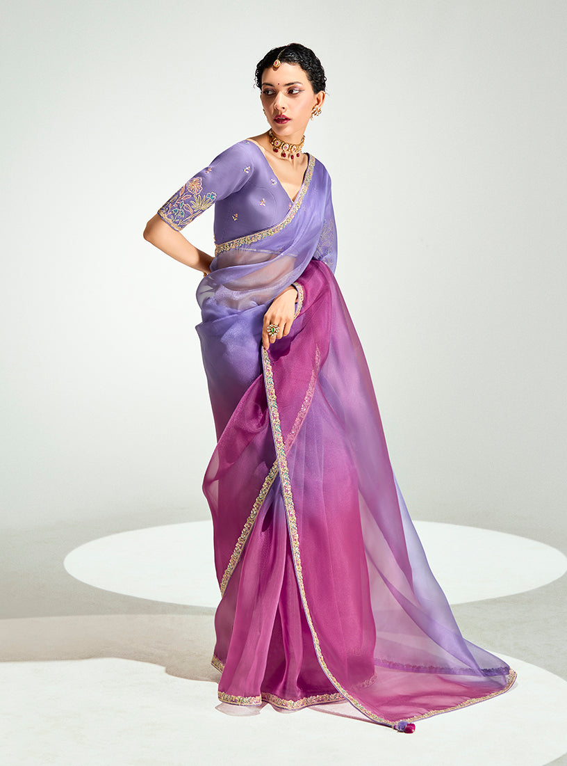 Lavender and Magenta tissue organza saree with intricate sequins embroidery for weddings