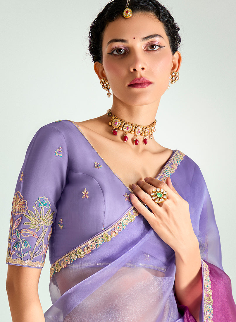 Lavender and Magenta Organza Tissue Saree with Sequins Embroidery