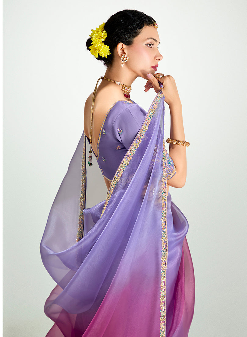 Lavender and Magenta Organza Tissue Saree with Sequins Embroidery