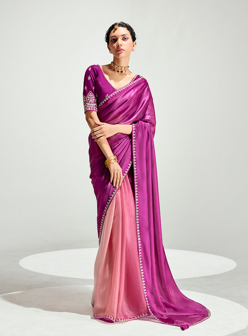 Magenta and Peach shaded Organza Tissue saree with intricate sequins embroidery for weddings.