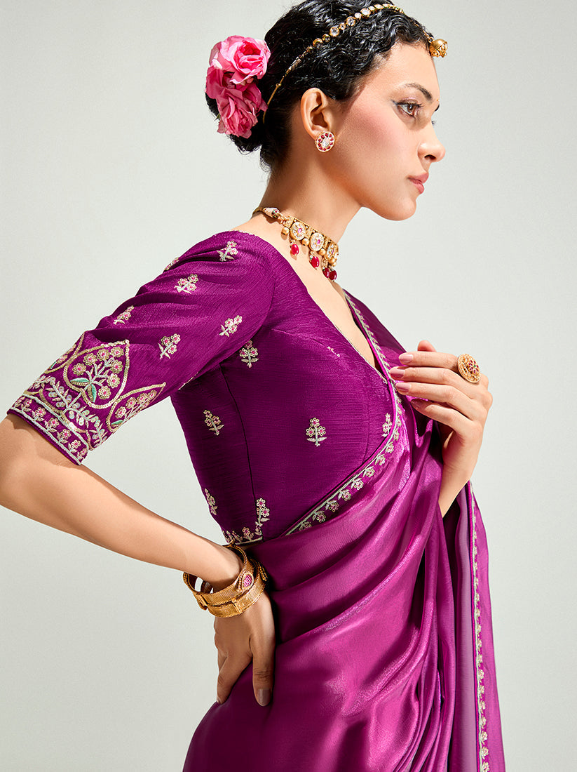 Magenta and Peach Organza Tissue Saree with Sequins Handwork