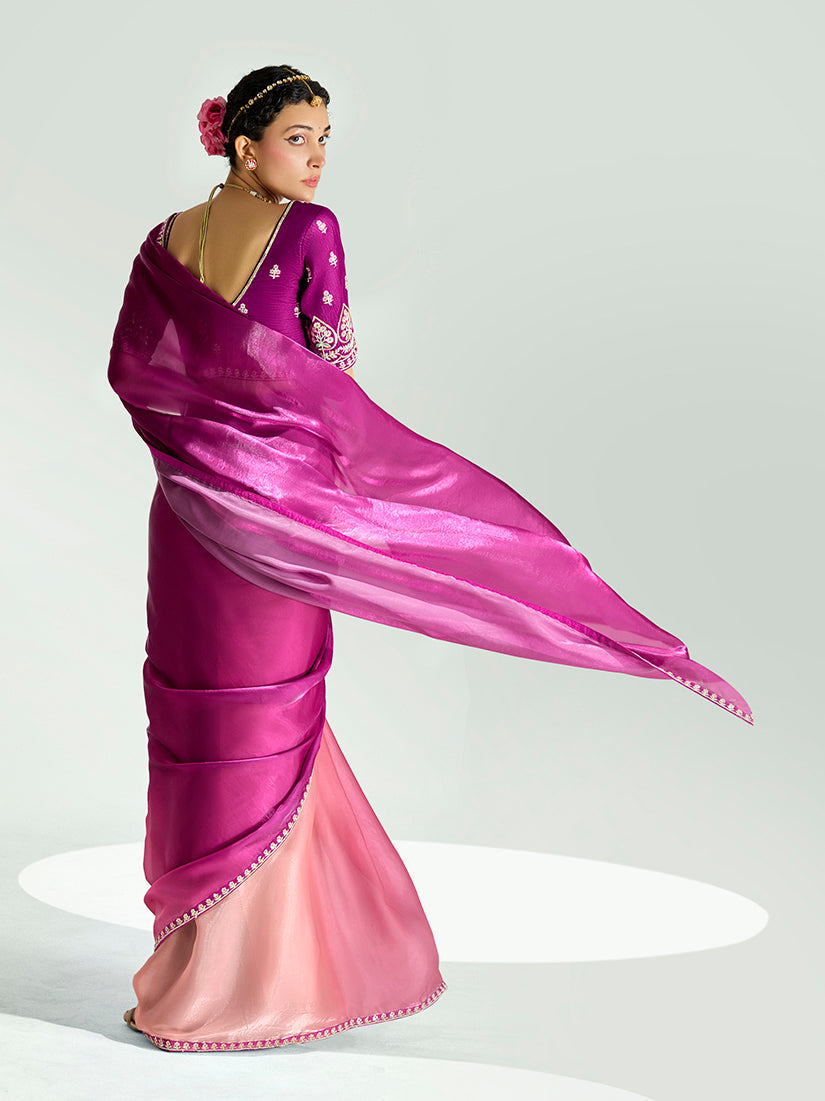 Magenta and Peach Organza Tissue Saree with Sequins Handwork