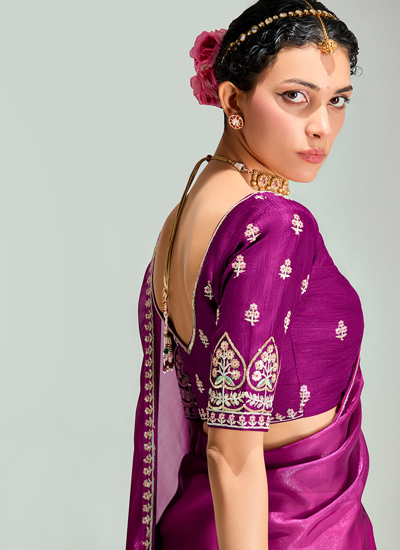 Magenta and Peach Organza Tissue Saree with Sequins Handwork