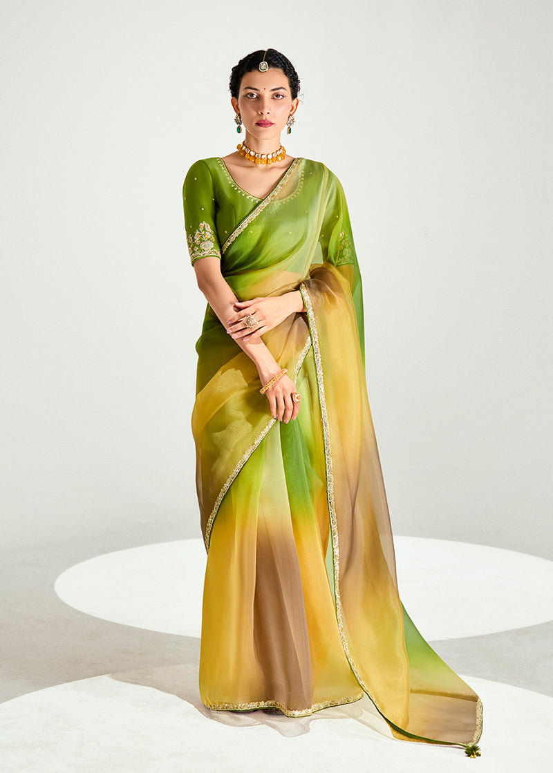 Multi-colored organza tissue saree with sequins embroidery and intricate handwork