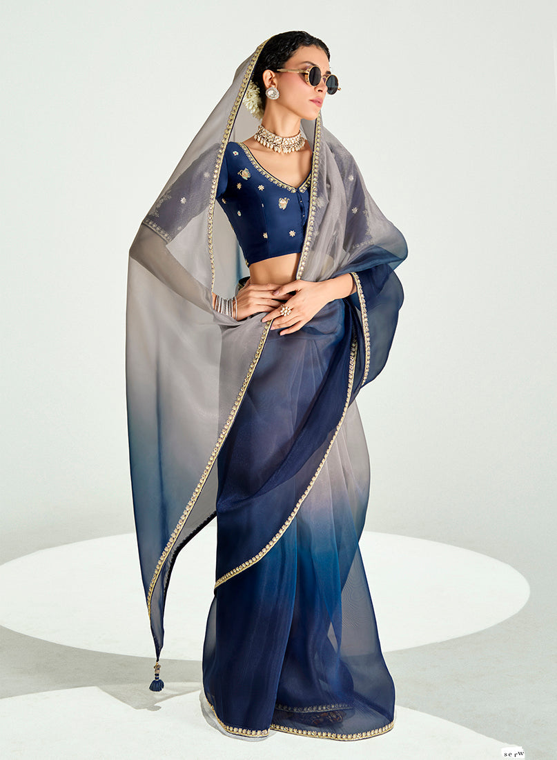 Navy Blue and Beige Organza Tissue Saree with Sequins Embroidery