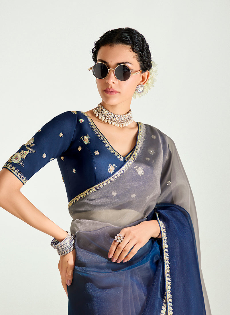 Navy Blue and Beige Organza Tissue Saree with Sequins Embroidery