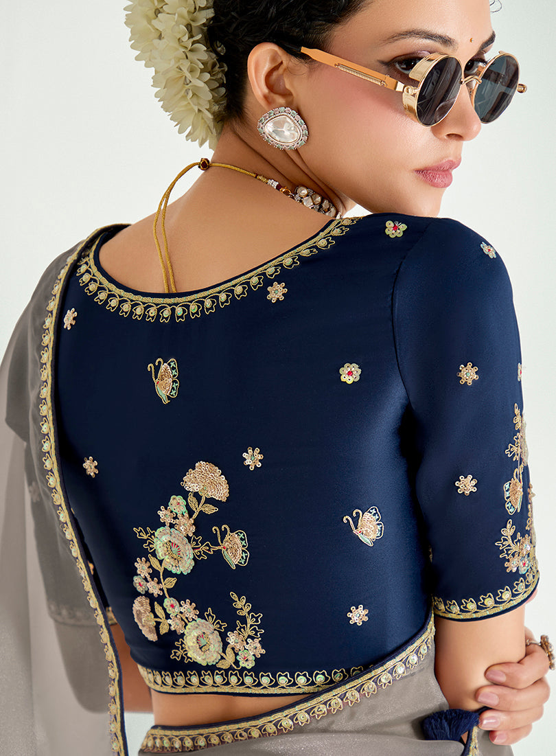 Navy Blue and Beige Organza Tissue Saree with Sequins Embroidery