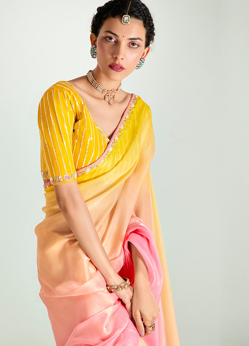 Pink and Yellow Organza Tissue Sequins Handwork Engagement Saree