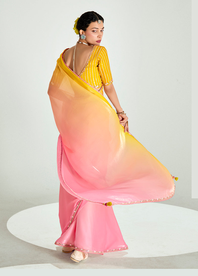 Pink and Yellow Organza Tissue Sequins Handwork Engagement Saree