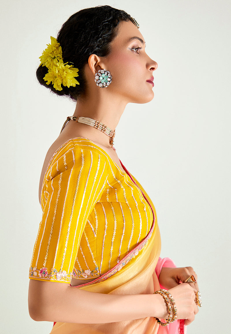 Pink and Yellow Organza Tissue Sequins Handwork Engagement Saree