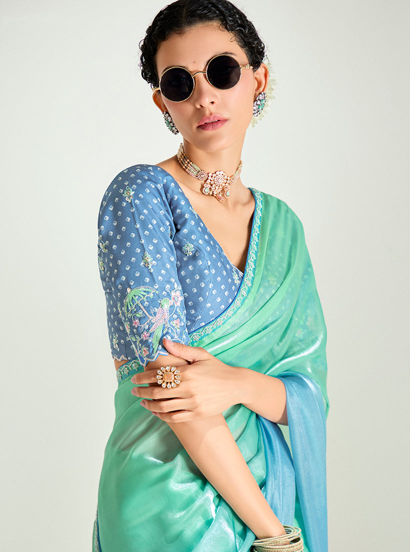 Sea Green and Light Blue Organza Tissue Sequins Embroidery Saree