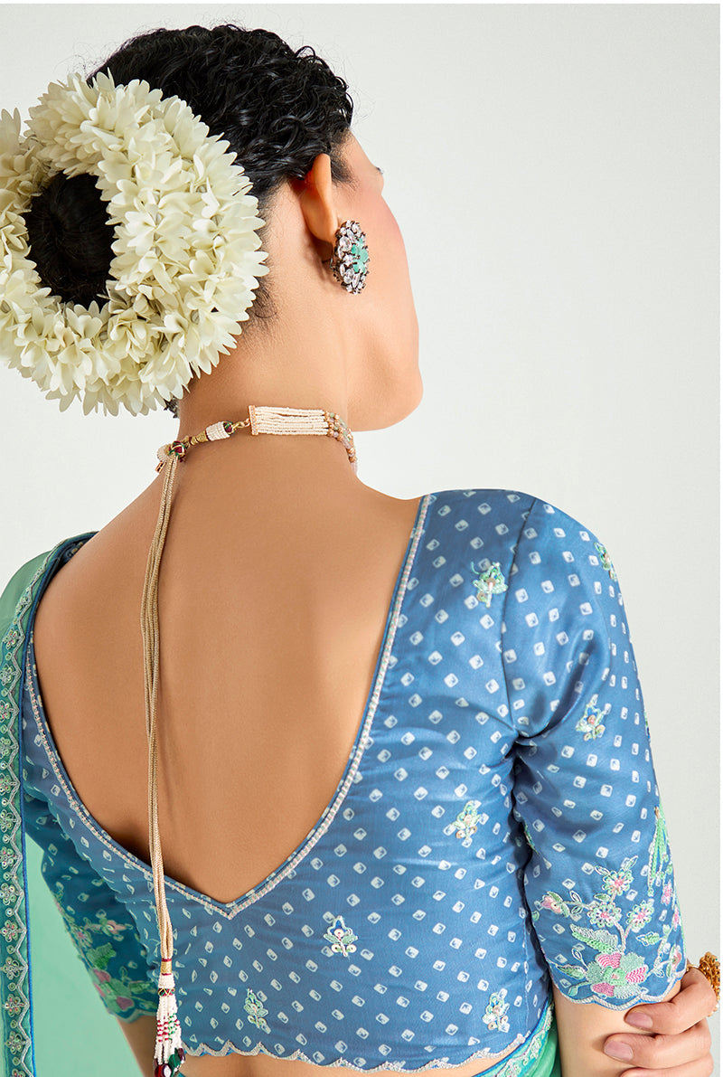 Sea Green and Light Blue Organza Tissue Sequins Embroidery Saree
