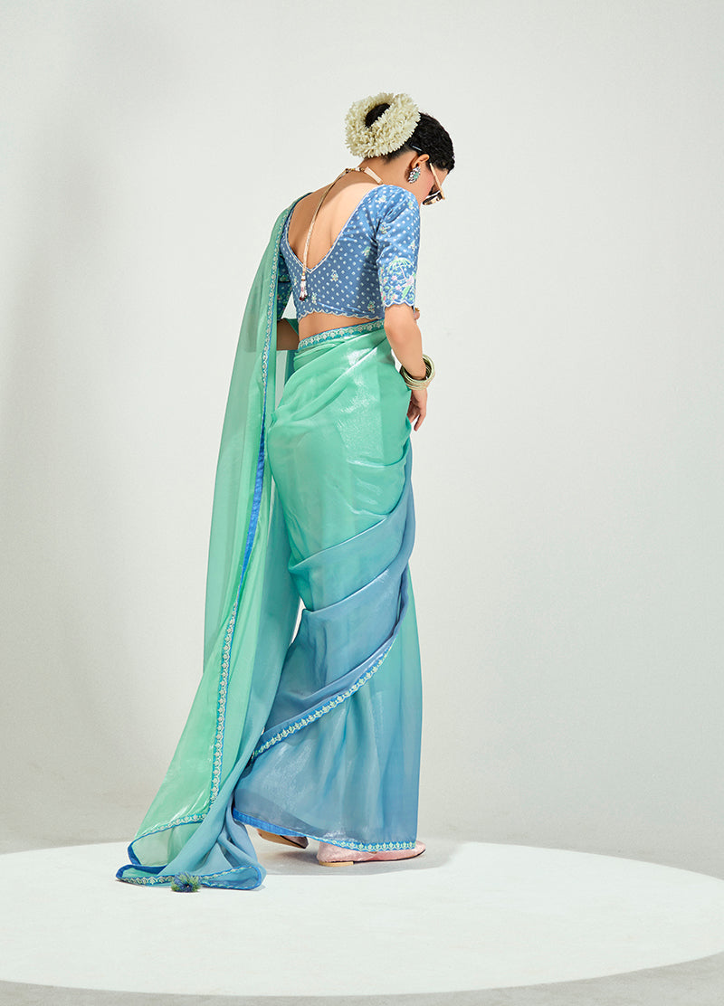 Sea Green and Light Blue Organza Tissue Sequins Embroidery Saree