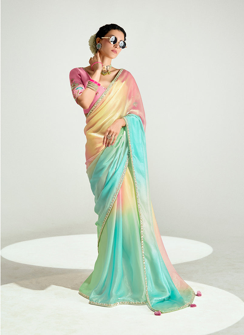 Multi-colour shaded tissue organza saree with detailed sequins handwork embroidery for wedding wear