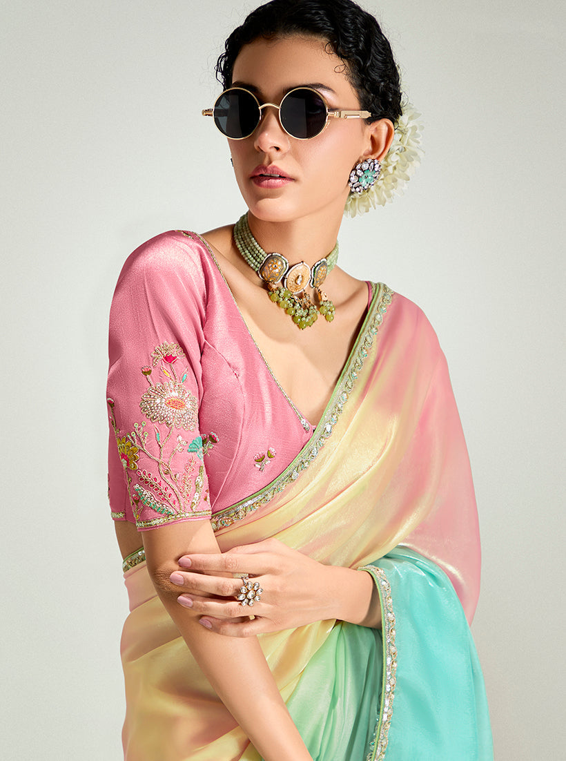 Multi Colour Organza Tissue Saree with Sequins Embroidery