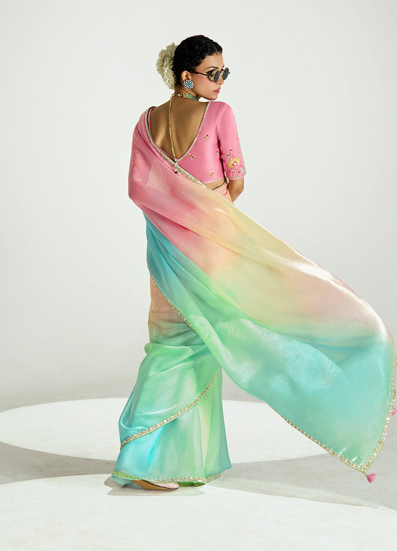 Multi Colour Organza Tissue Saree with Sequins Embroidery