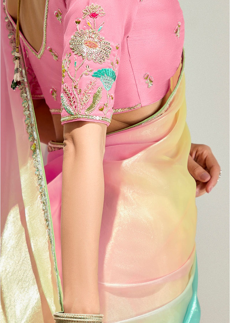 Multi Colour Organza Tissue Saree with Sequins Embroidery