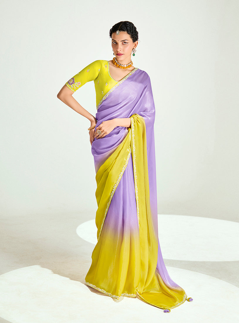 Lavender and Yellow shaded organza tissue saree with sequin handwork