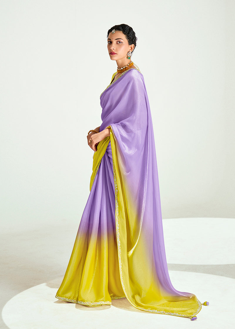 Lavender and Yellow Organza Tissue Sequins Wedding Saree