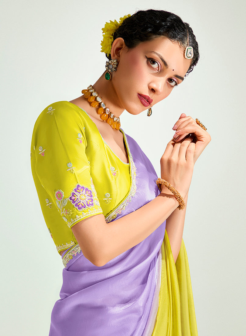 Lavender and Yellow Organza Tissue Sequins Wedding Saree