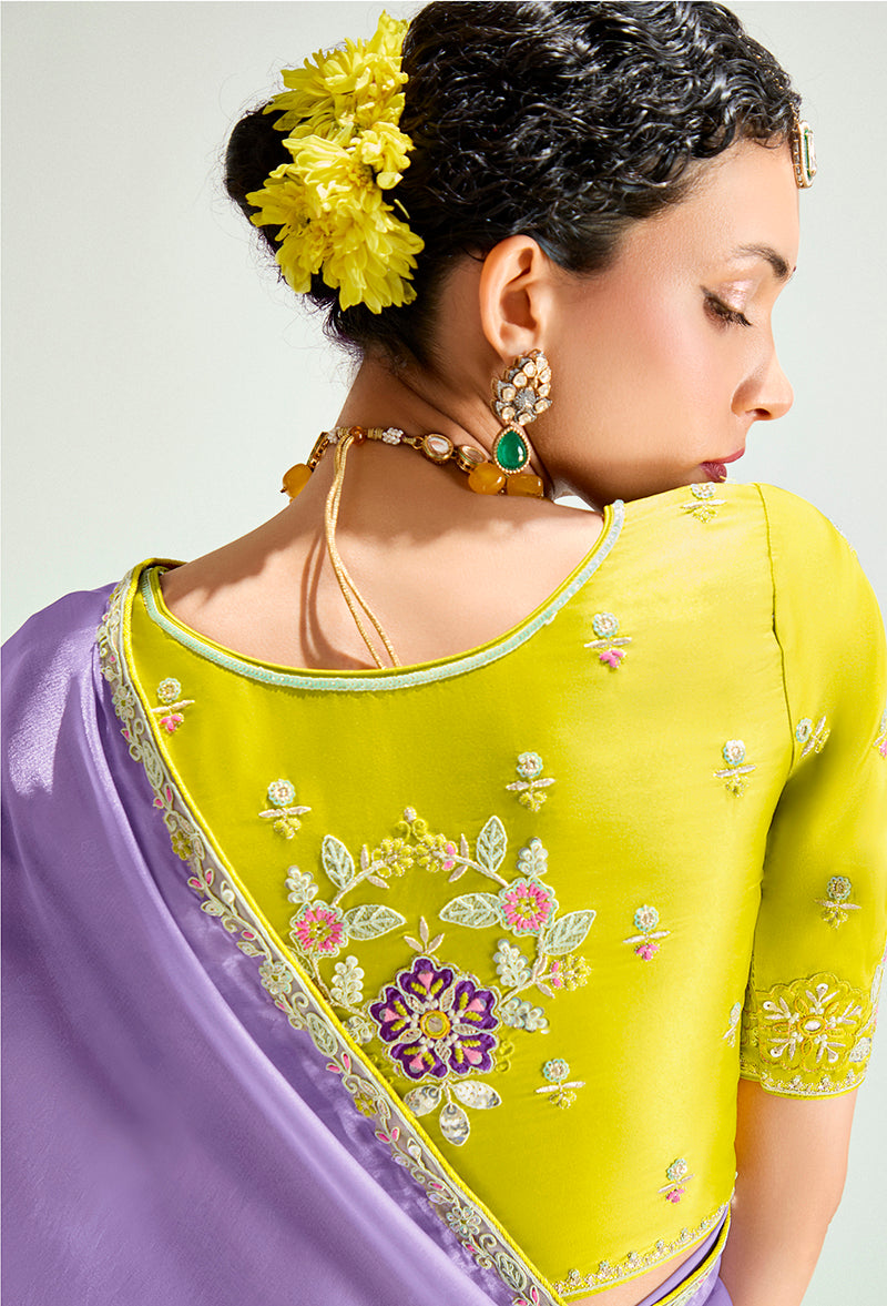 Lavender and Yellow Organza Tissue Sequins Wedding Saree