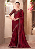 Elegant maroon chiffon silk saree with detailed embroidery and lace border