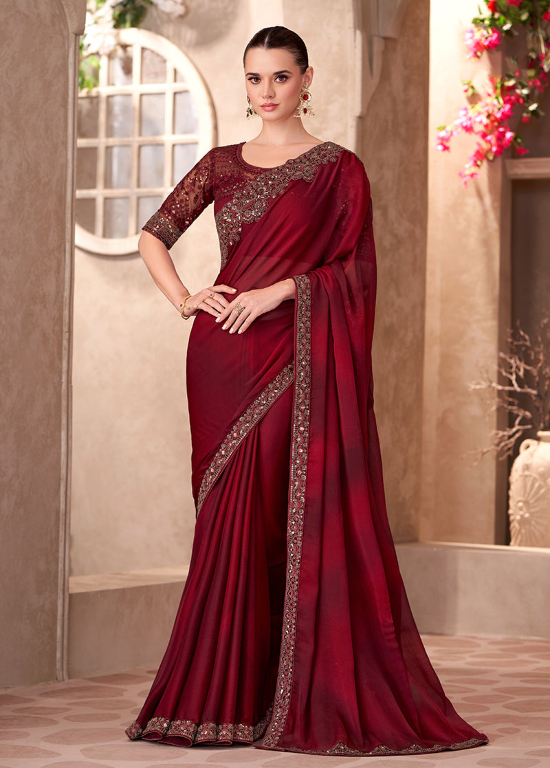 Elegant maroon chiffon silk saree with detailed embroidery and lace border