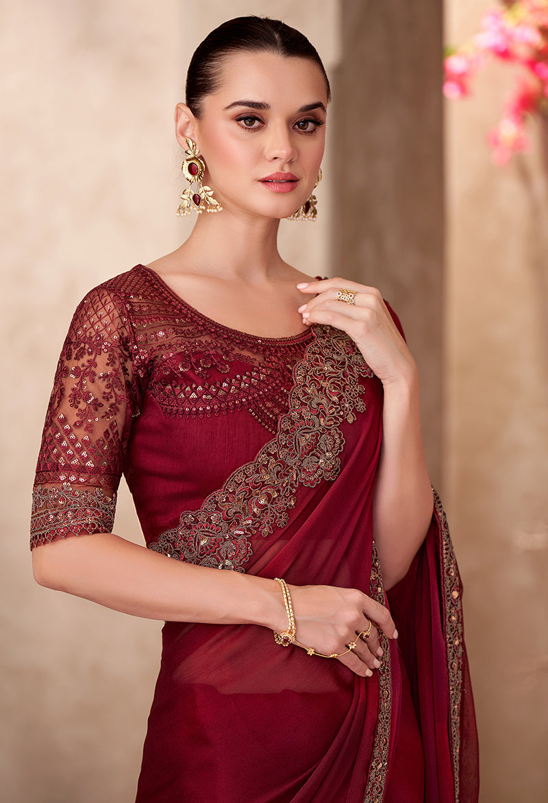 Maroon Chiffon Silk Saree with Elegant Embroidery and Lace Border