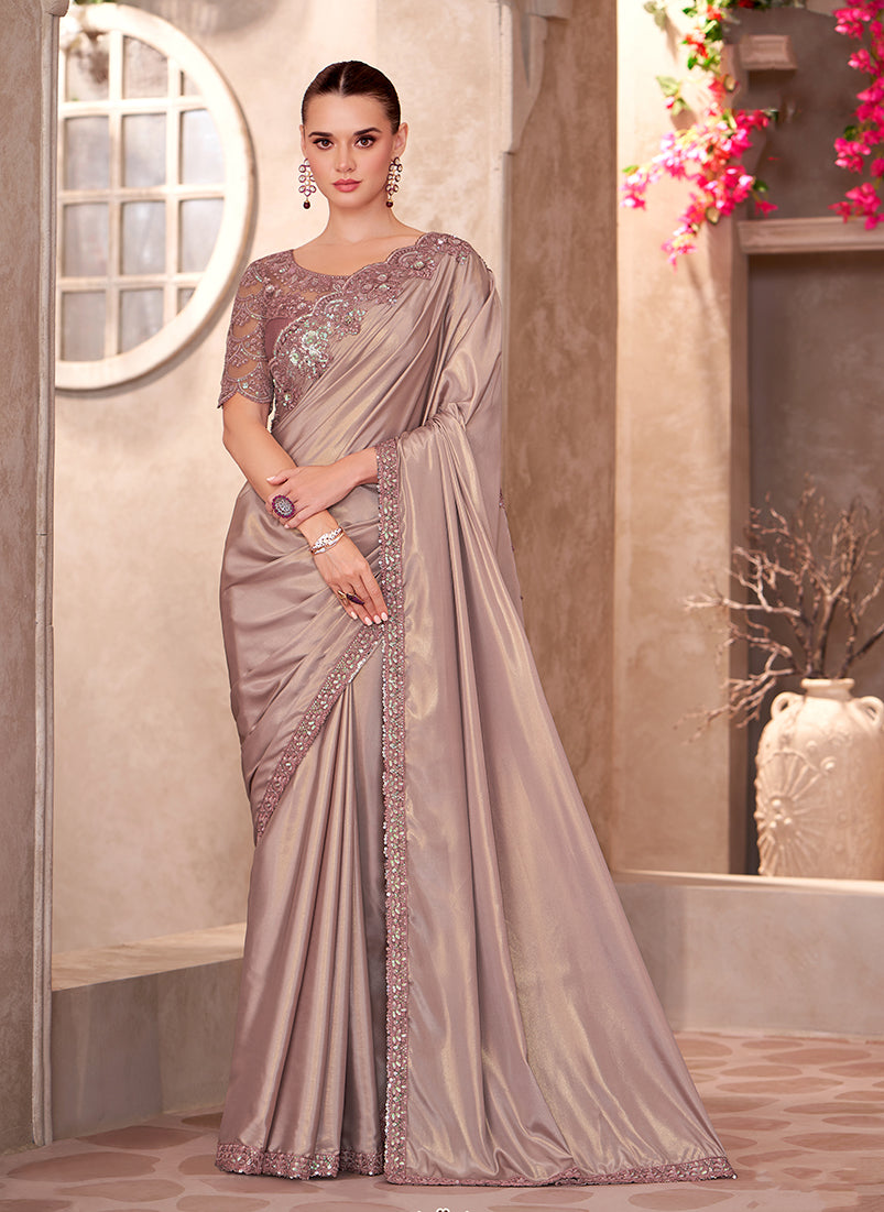 Beige shimmer silk saree with delicate embroidery work