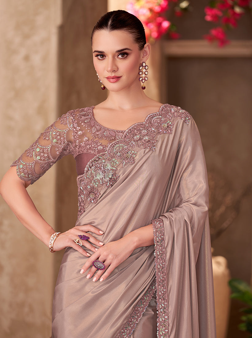 Beige Shimmer Silk Saree with Intricate Embroidery