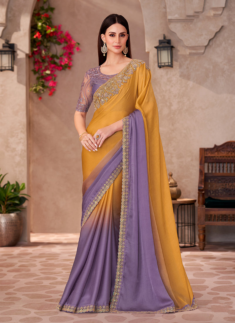 Mustard and lavender purple chiffon silk saree with decorative ethnic embroidery