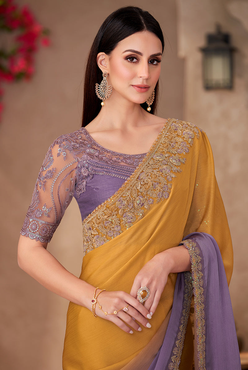 Mustard & Lavender Chiffon Silk Embroidered Party Saree