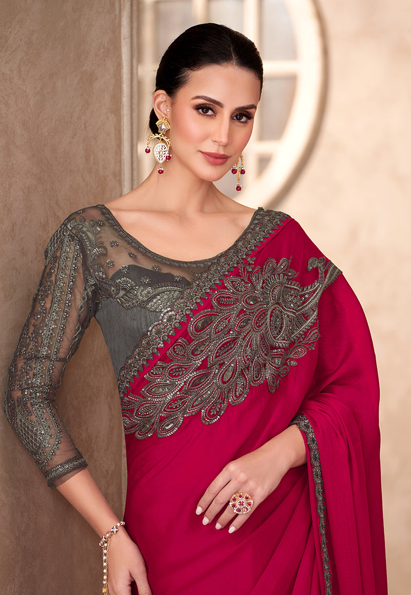 Raspberry Chiffon Silk Embroidered Saree for Party Wear