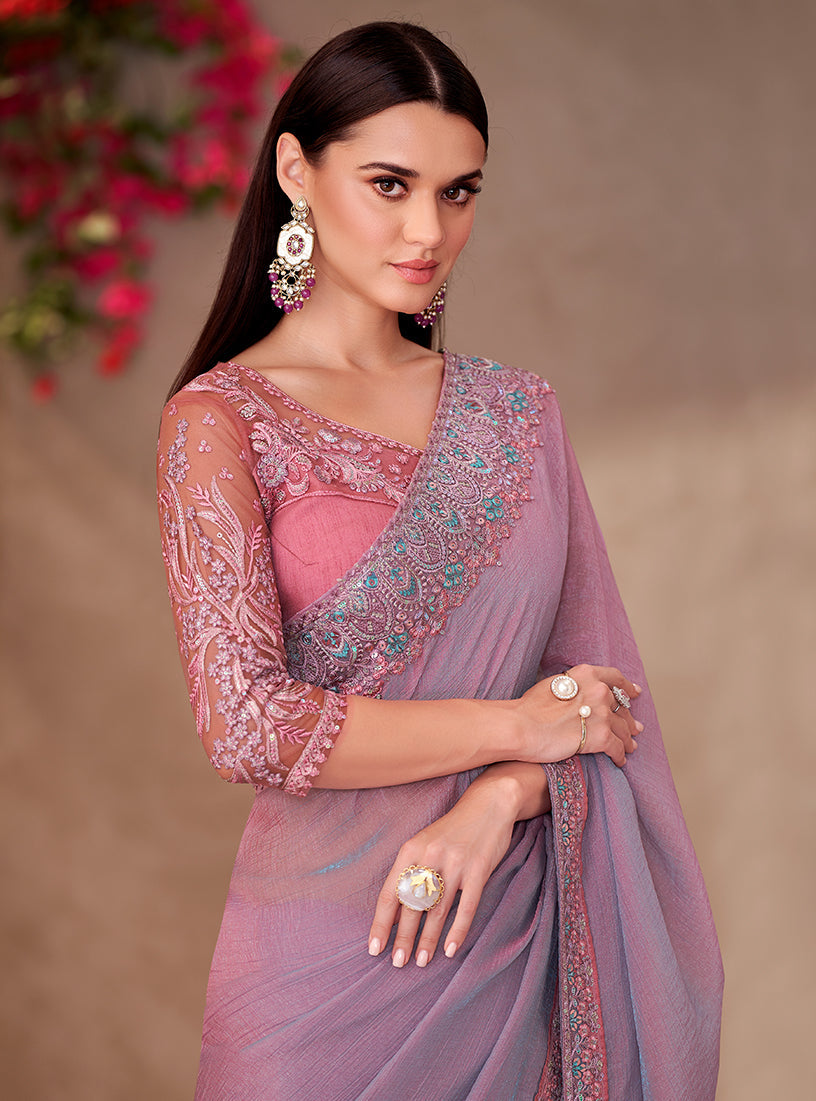 Mauve Pink Georgette Saree with Embroidered Border Work
