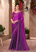 Magenta Purple Chiffon Silk saree with intricate embroidery work and ethnic lace border