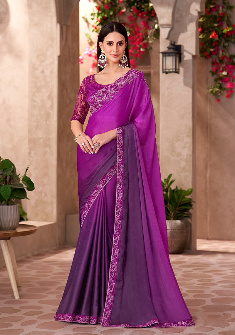 Magenta Purple Chiffon Silk saree with intricate embroidery work and ethnic lace border