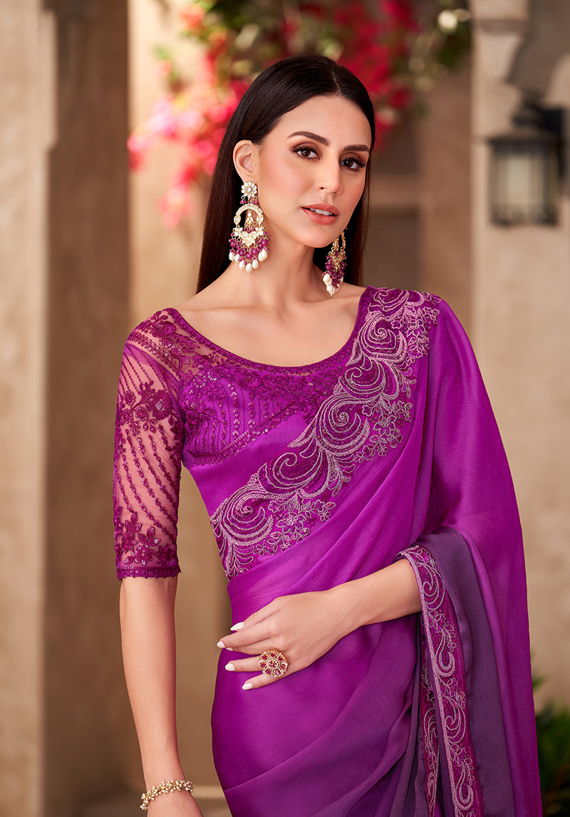 Magenta Purple Chiffon Silk Saree with Elegant Embroidery