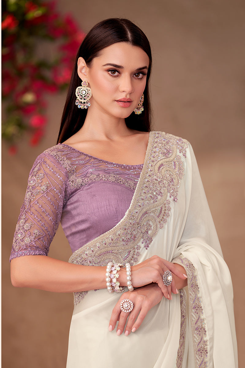 White Georgette Saree with Golden Embroidered Border