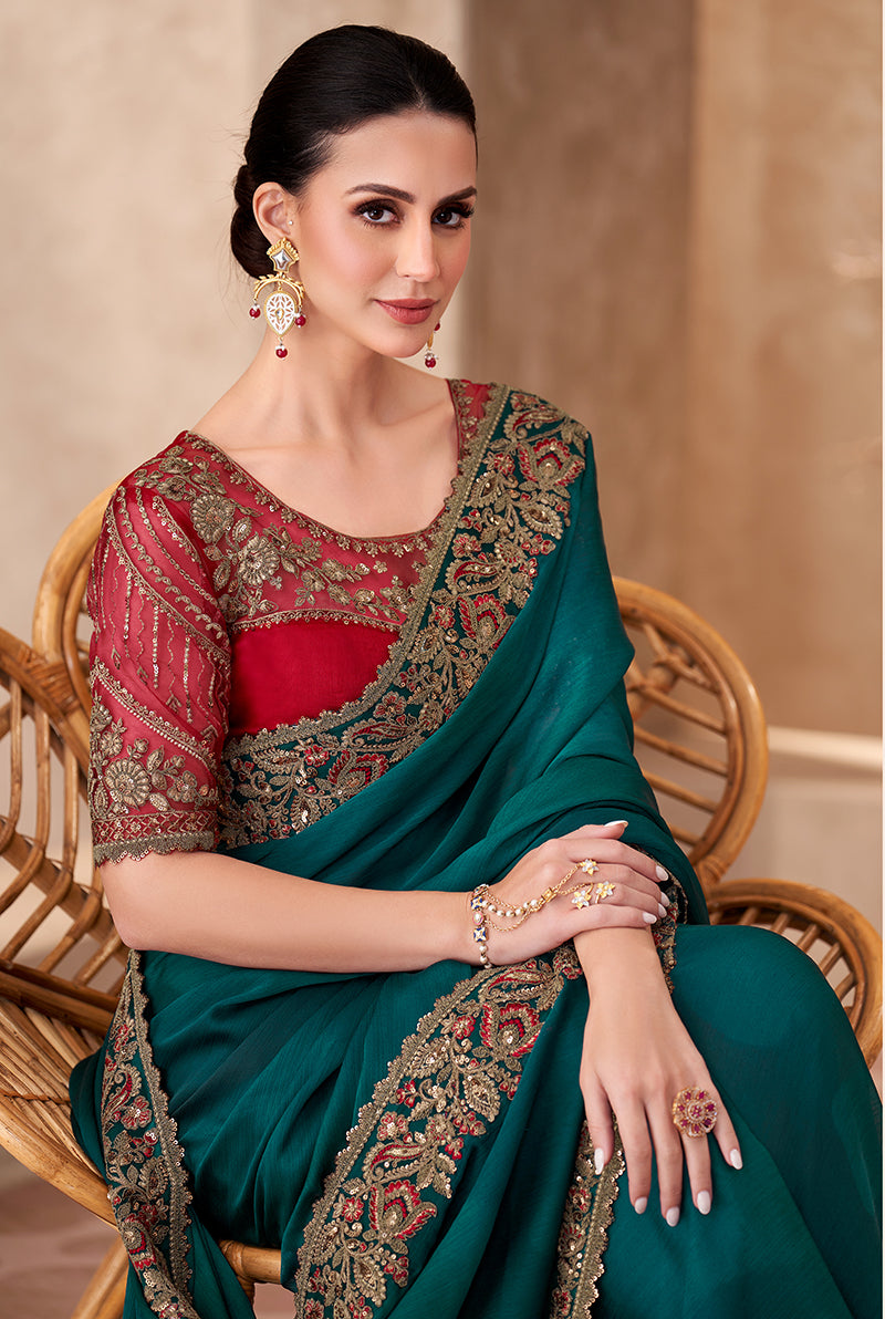 Teal Green Chiffon Silk Party Wear Saree with Embroidery