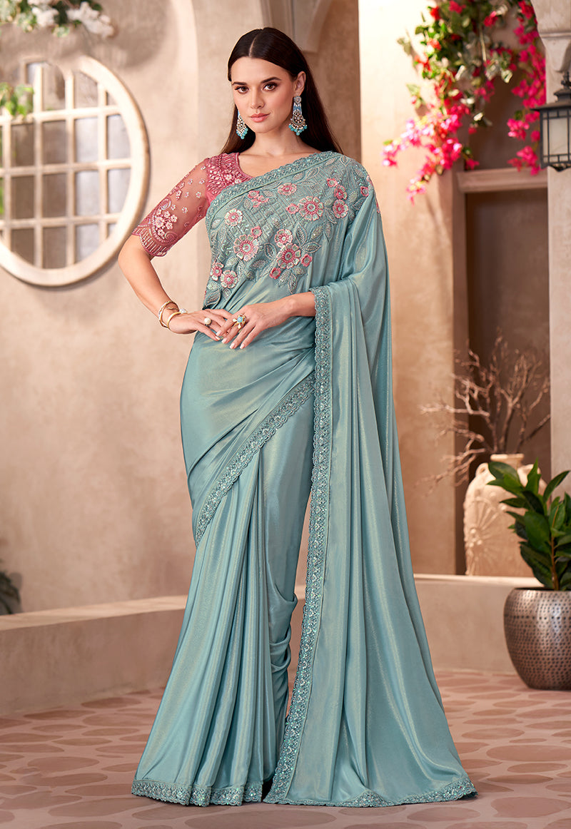 Sky blue chiffon shimmer silk saree with ornate embroidery