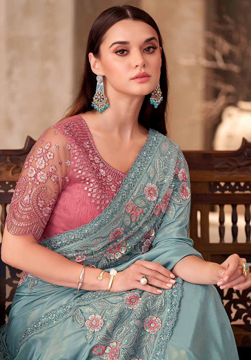 Sky Blue Chiffon Shimmer Silk Saree with Embroidery