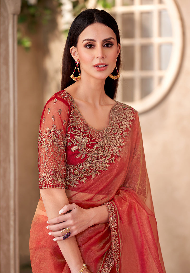 Rust Tissue Silk Embroidered Party Wear Saree