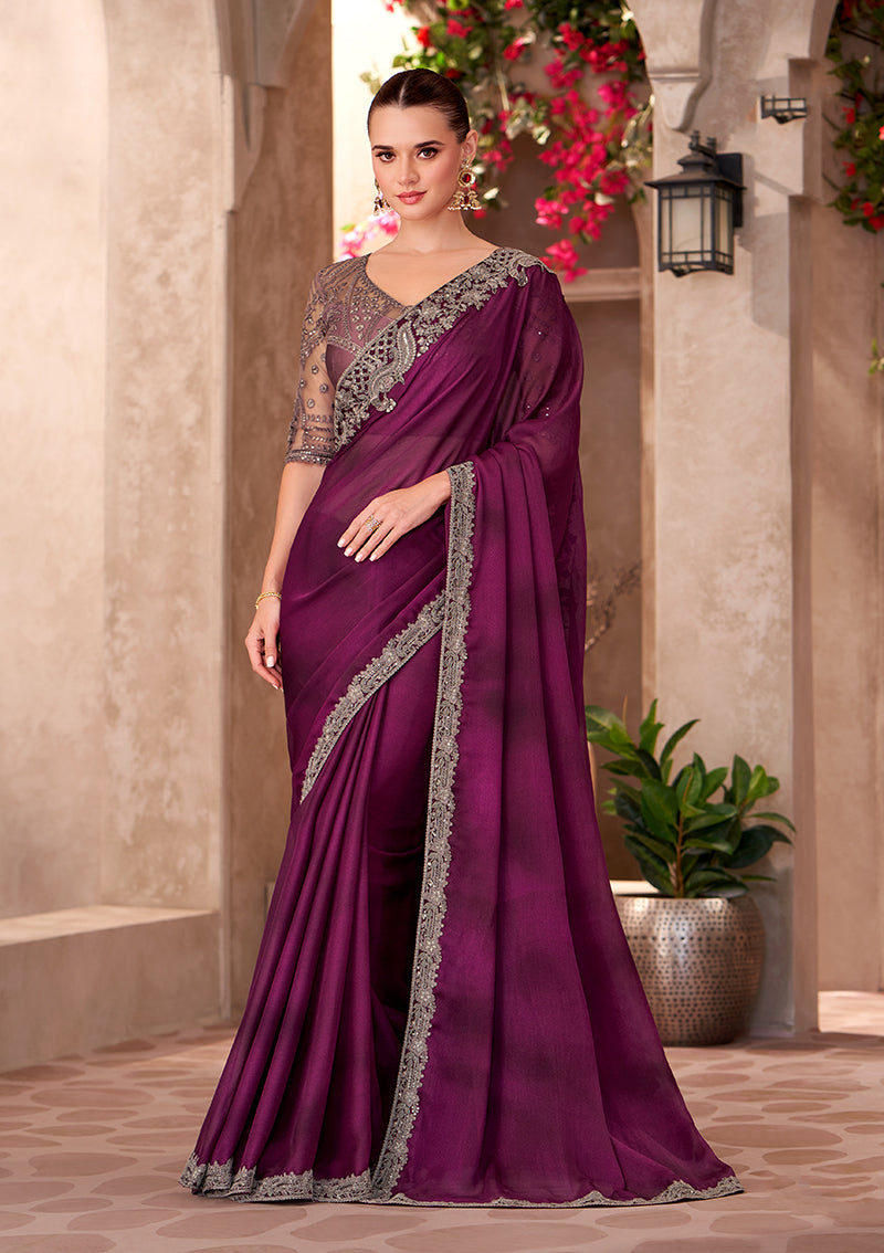 Burgundy satin chiffon saree with detailed embroidery and elegant border